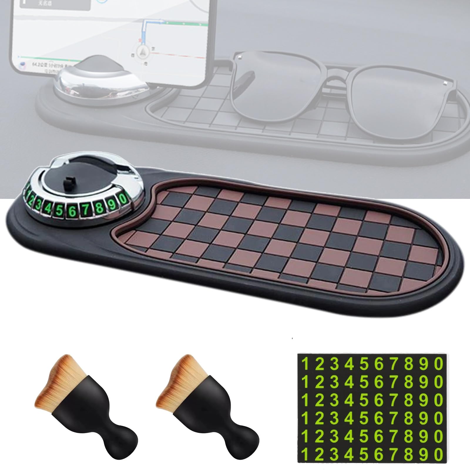 Multifunktionale Auto-Anti-Rutsch-Matte, Fahrzeugmontierte Anti-Rutsch-Matte, drehbar, rutschfest, Auto-Armaturenbrett-Pad mit temporärer Parknummer für Handys, Schlüssel, Gadgets (D-Braun) von Qosneoun