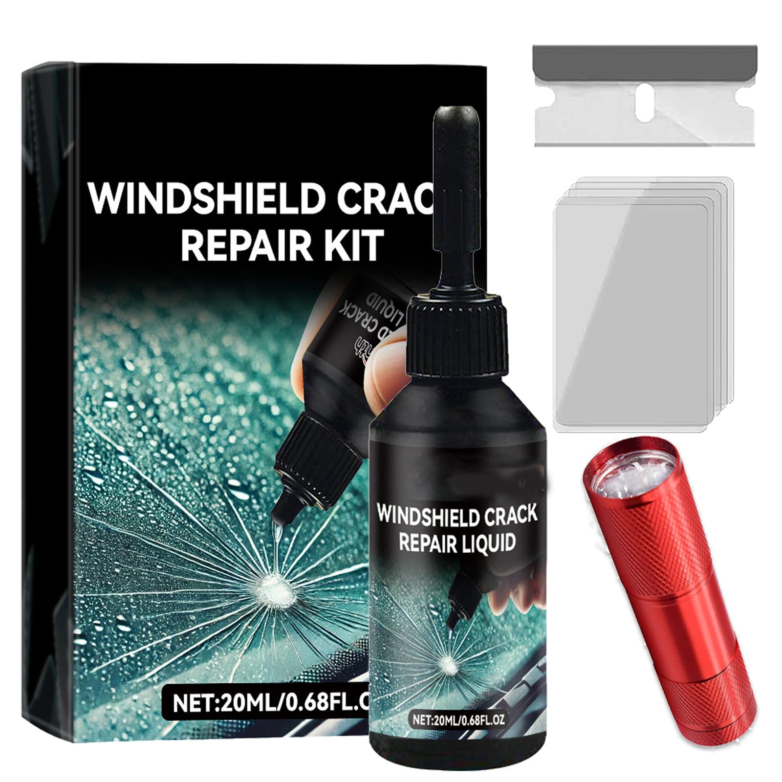 Qosneoun Steinschlag Reparaturset Windschutzscheibe, Windschutzscheibe Reparaturset, Autoglas Reparaturset mit UV-Lampe - Zur Reparatur Langer Rissen, Rissen,Spinnennetzen und Sternförmigen (1PC) von Qosneoun