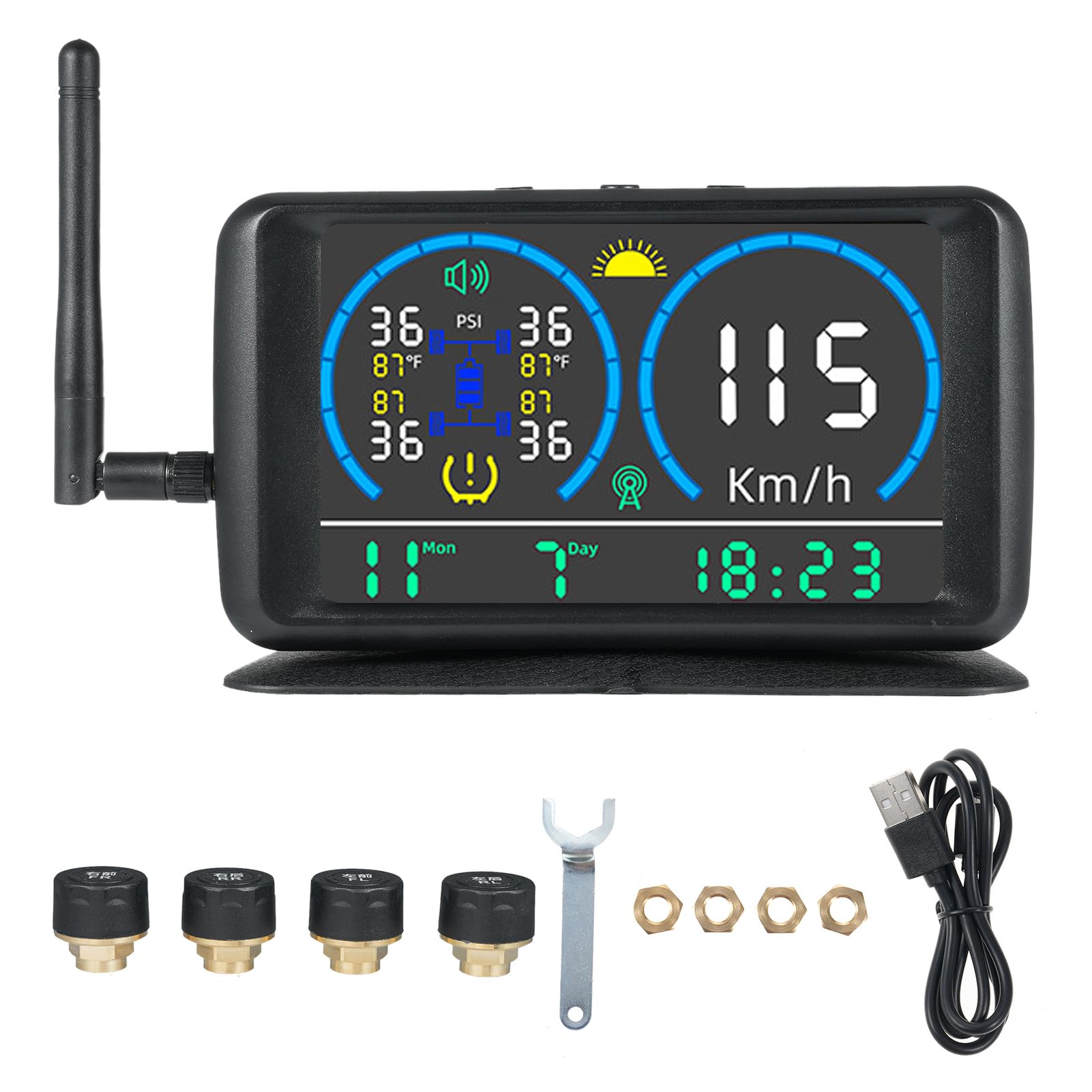 Qotolite 5 Zoll TPMS, Echtzeit-Reifendruck- und Temperaturüberwachung, Solar- und USB-Aufladung, 13 Bar 188 PSI Reifenplatzer-Alarm, für LKW und Qotolite 5 Zoll TPMS, Echtzeit-Reifendruck- und Temperaturüberwachung, Solar- und USB-Aufladung, 13 Bar 188 PSI Reifenplatzer-Alarm, für LKW und von Qotolite