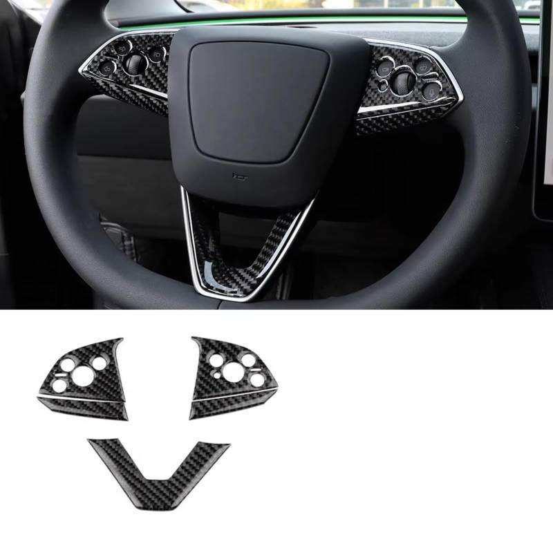 Innenzubehör Für Tesla Für Modell 3 Für Highland 2024 Aufkleber Trim Auto Innen Weichen Carbon Lenkrad Rahmen Abdeckung Zubehör Innenraum(Black A) von Qsnfda