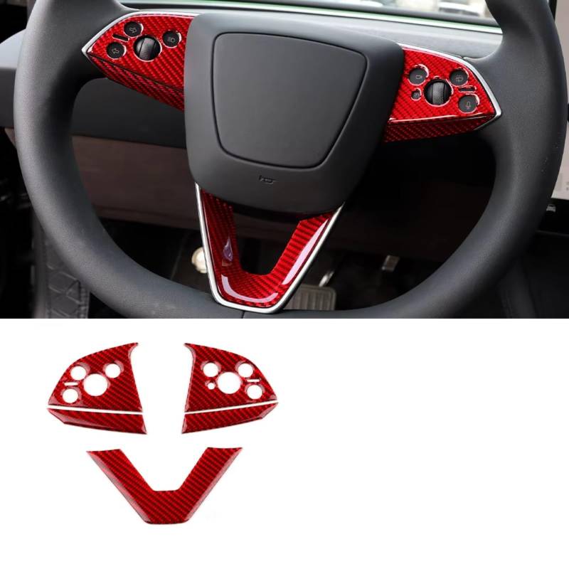 Innenzubehör Für Tesla Für Modell 3 Für Highland 2024 Aufkleber Trim Auto Innen Weichen Carbon Lenkrad Rahmen Abdeckung Zubehör Innenraum(Red A) von Qsnfda
