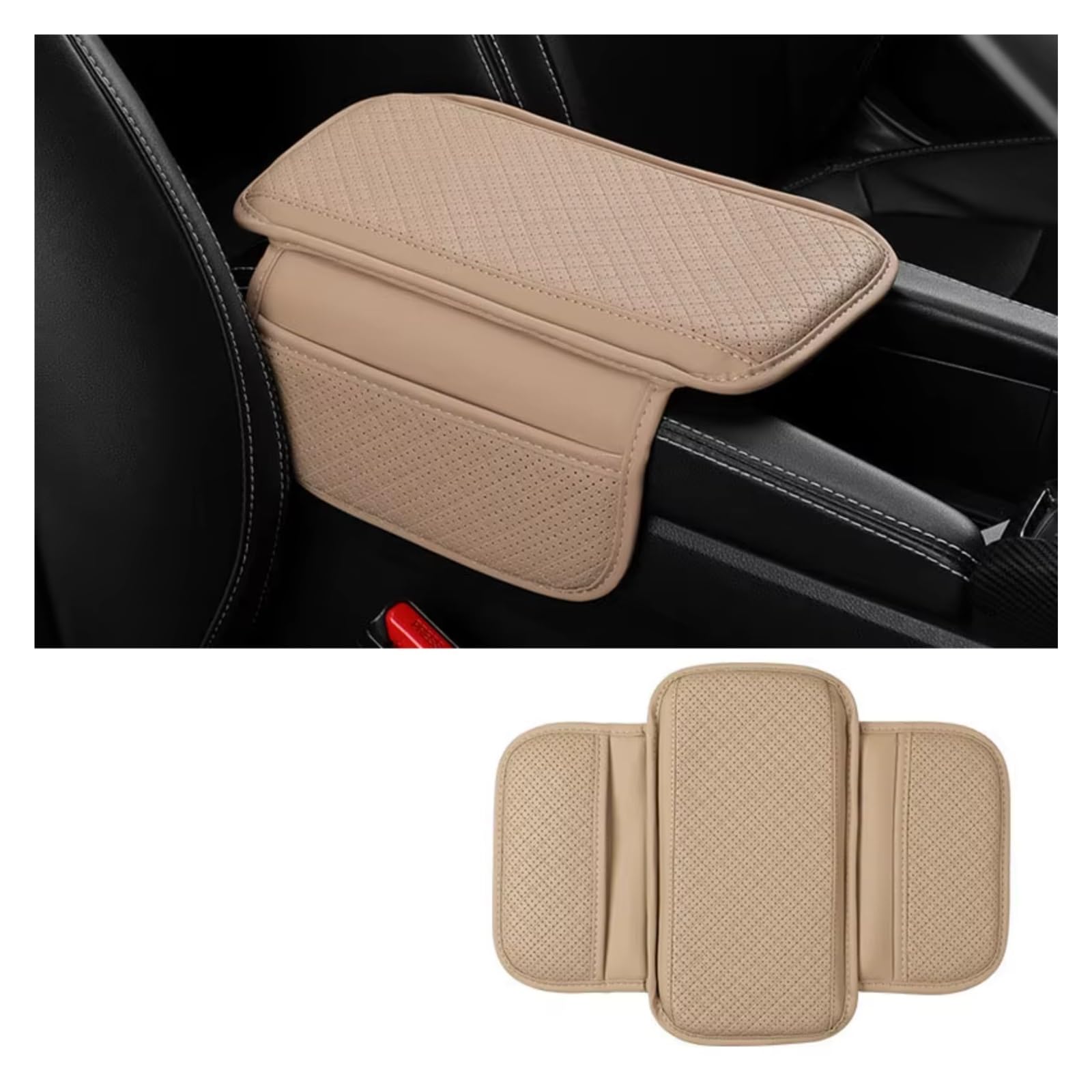 Innenzubehör Universal Auto Armlehne Kissen PU Leder Atmungsaktive Mittelkonsole Box Abdeckung Anti Scratch Armlehne Box Schutz Abdeckung Zubehör Innenraum(BEIGE 1PC) von Qsnfda