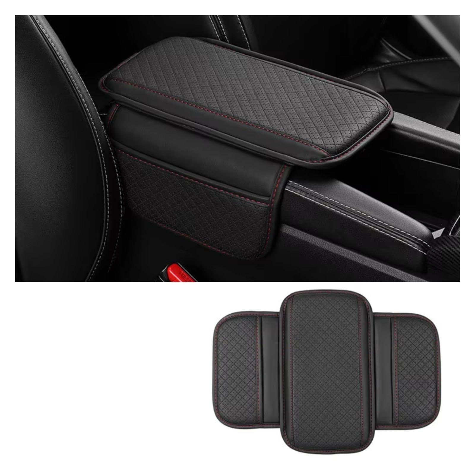 Innenzubehör Universal Auto Armlehne Kissen PU Leder Atmungsaktive Mittelkonsole Box Abdeckung Anti Scratch Armlehne Box Schutz Abdeckung Zubehör Innenraum(BLACK 1PC) von Qsnfda