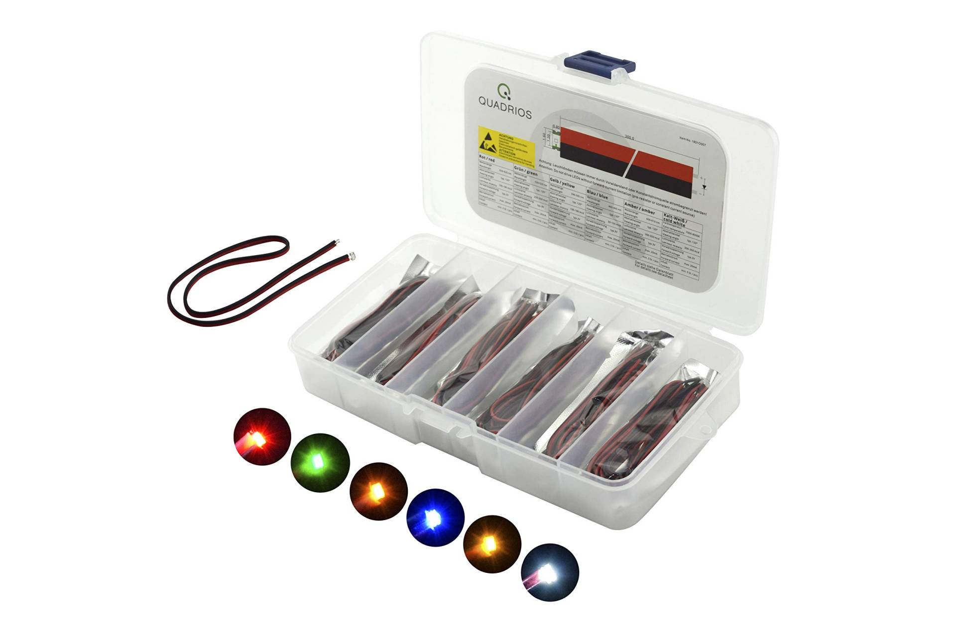Quadrios GmbH SMD-LED Bauform 0603 mit Litzen Farben Rot Grün Gelb Blau Weiß Bernsteinfarben Sortiment Sortiment 30 Teile Quadrios GmbH SMD-LED Bauform 0603 mit Litzen Farben Rot Grün Gelb Blau Weiß Bernsteinfarben Sortiment Sortiment 30 Teile von Quadrios