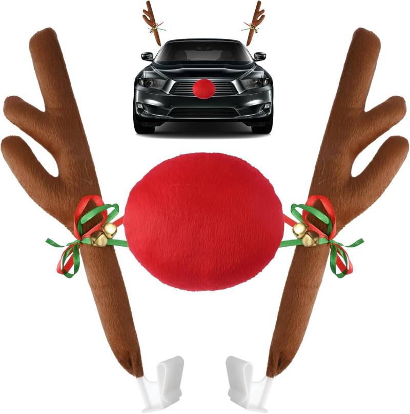 Queryifv Rentier Auto, Auto Rentier Kostüm Auto Weihnachtendeko mit Geweih, Auto Deko Weihnachten, Auto Rentiergeweih Rudolf für Auto, Weihnachtsschmuck Auto von Queryifv