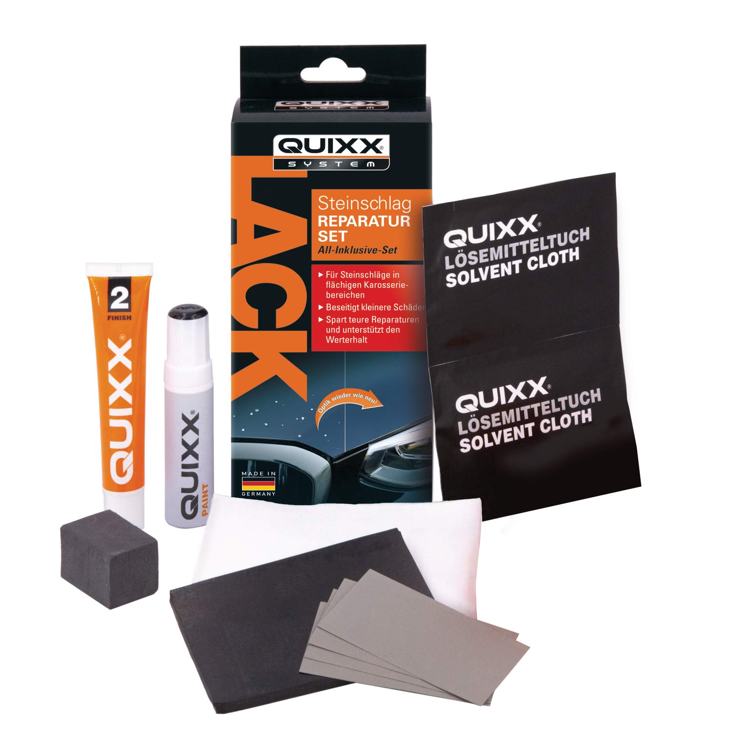 QUIXX Lack Steinschlag Reparatur Set, zur Entfernung von Steinschlägen und Beschädigungen im Lack, All-inclusive-Set, schwarz von Quixx
