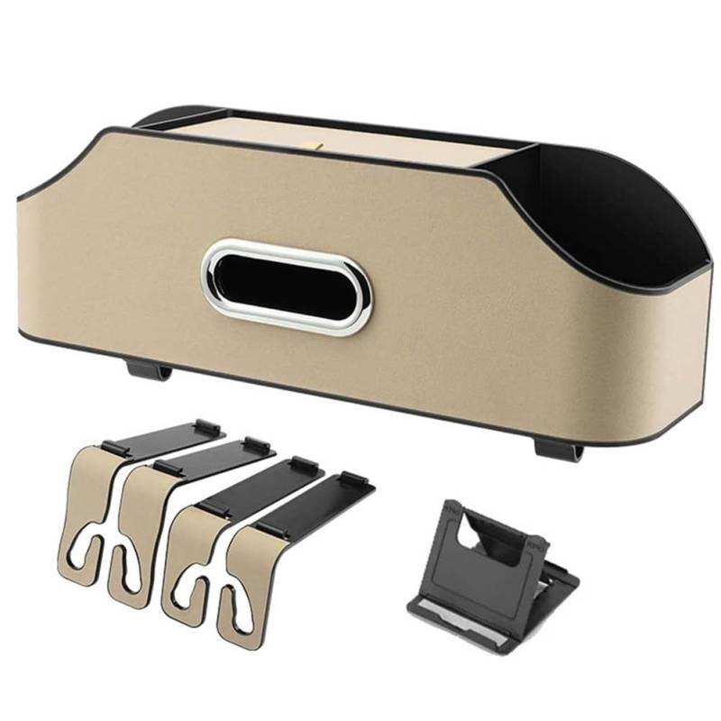 Qusedwey Auto-KopfstüTzen-RüCksitz-Organizer mit 2 GeträNkehaltern, Handyhaltern, Haken und Taschentuchbox-ZubehöR - Beige von Qusedwey