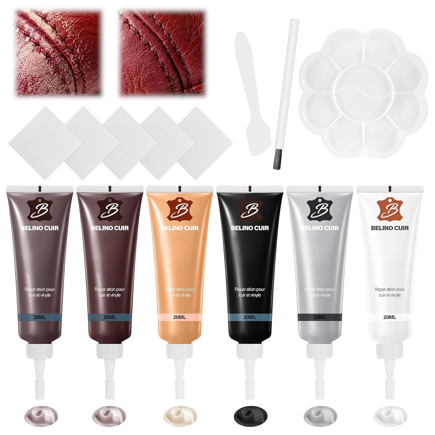 6 Farben Kunstleder Reparaturset, Lederreparatur Creme, Leder Reparatur Set, Kunstleder Reparieren, Kunstleder Reparaturset mit Schwamm & Poliertuch,für Auto Lederlenkrad Sofa Gürtel Kratzer Risse von Quuylin