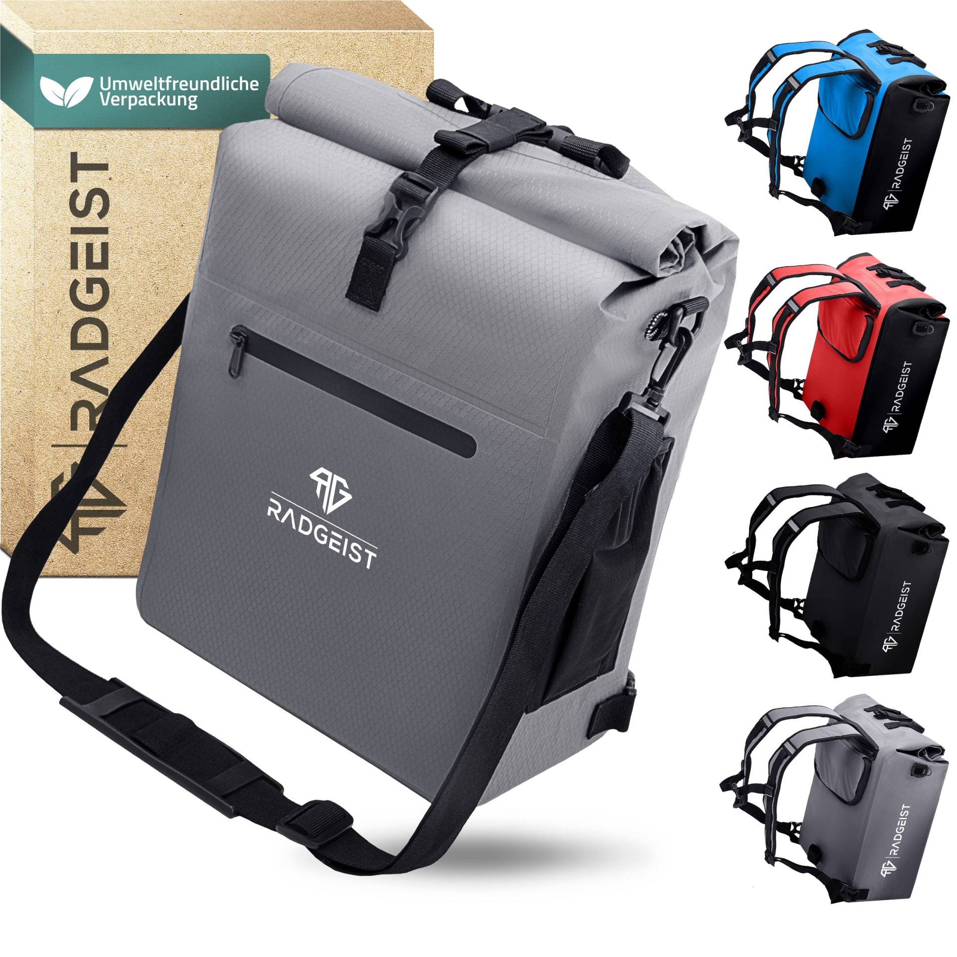 RADGEIST 3in1 Fahrradtasche für Gepäckträger - Fahrrad Rucksack - Gepäckträgertasche - Umhängetasche - mit Laptopfach - wasserdicht- 25L - grau von RADGEIST