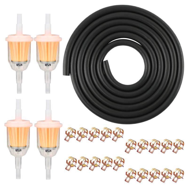 RAFIYU Benzinschlauch Ø 5mm Kit, 2 Meter Kraftstoffleitung mit 4 Stück 5mm/8mm Benzinfilter und 20 Stück Schlauchschellen, für Auto Motorrad Roller Rasenmäher von RAFIYU