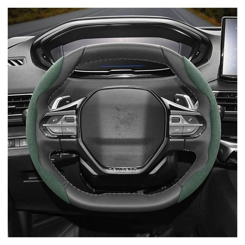 Auto Lenkradabdeckung Für Peugeot 508 207 3008 2008 307 308 206 208 5008 301 Wildleder Snap-on Lenkrad Abdeckung Lenkradbezug Fürs Auto(Green 2-Piece Set) von RAGPUKMUAN