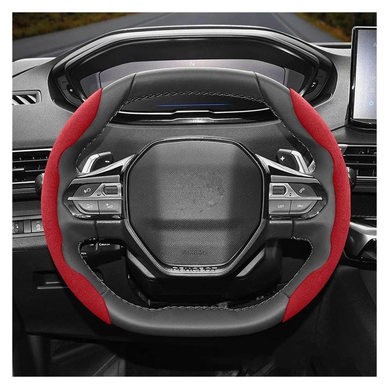 Auto Lenkradabdeckung Für Peugeot 508 207 3008 2008 307 308 206 208 5008 301 Wildleder Snap-on Lenkrad Abdeckung Lenkradbezug Fürs Auto(Red 2-Piece Set) von RAGPUKMUAN