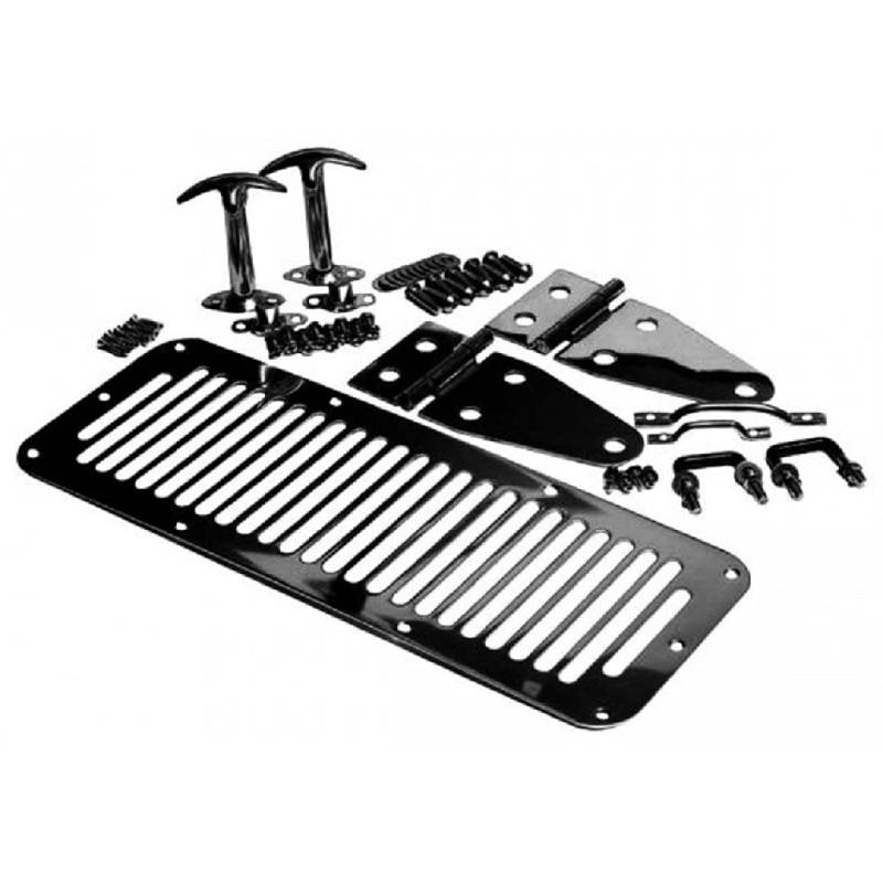 RAMPAGE PRODUCTS Rampage Komplettes Hauben-Set | beinhaltet: Haubenstopper, Scharniere, Belüftung, Footman-Schlaufe und Windschutzscheiben-Spanngurte, schwarz | 7699 | passend für Jeep CJ & Wrangler von RAMPAGE PRODUCTS