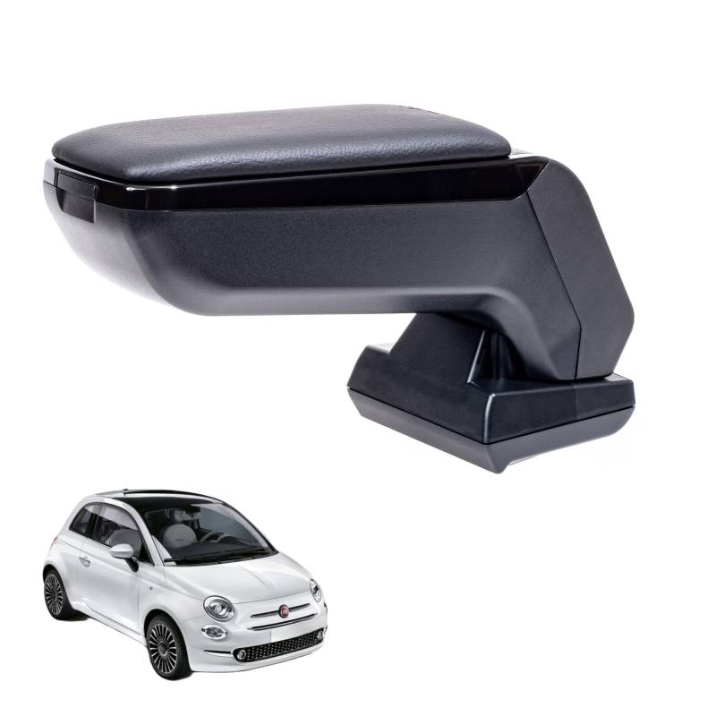 Rati Armster S Armlehne kompatibel für FIAT 500 2016-2024 [schwarz,vegan Leder] nachrüstbare Mittelarmlehne mit Staufach (nicht zum 500e) von rati
