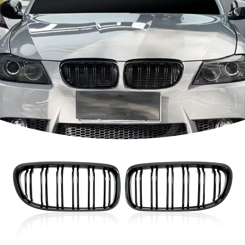 Kühlergrill für BMW 3er E90 E91 mit Doppelniere schwarz vorne, Zubehör Sportfrontgrill, Sportkühlergrill mit Doppelstreifen in schwarz glänzend von RATSTONE