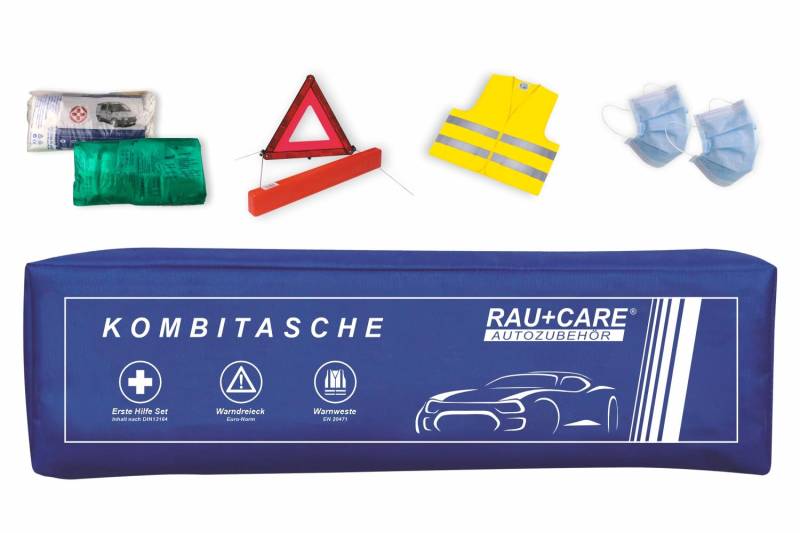 RAU EH0009 - Trio-Kombitasche blau 3in1-Set – Verbandtasche - Verbandkasten- Inhalt der Tasche : Erste Hilfe-Set nach aktueller DIN 13164 + Warndreieck ECE-konform + Warnweste nach EN20471 Klasse 2 von RAU