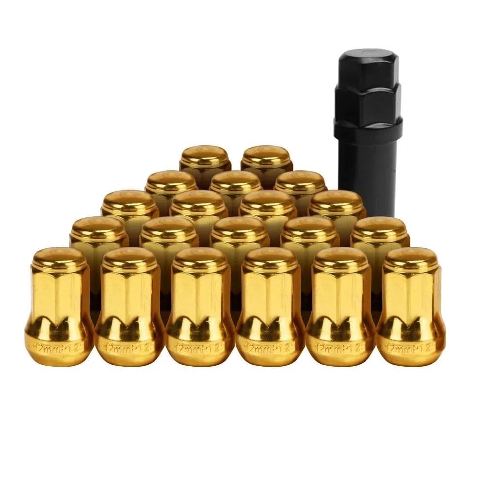 RAVTAKL Radnabenschraube Kompatibel Mit Universal Siebeneckigen Radmuttern, Stahlradmuttern, Eisenschloss, Verriegelungsmuttern M12 X 1,5 M12 X 1,25, 20 Stück + 1 Schlüssel(Gold,M12x1.5) von RAVTAKL