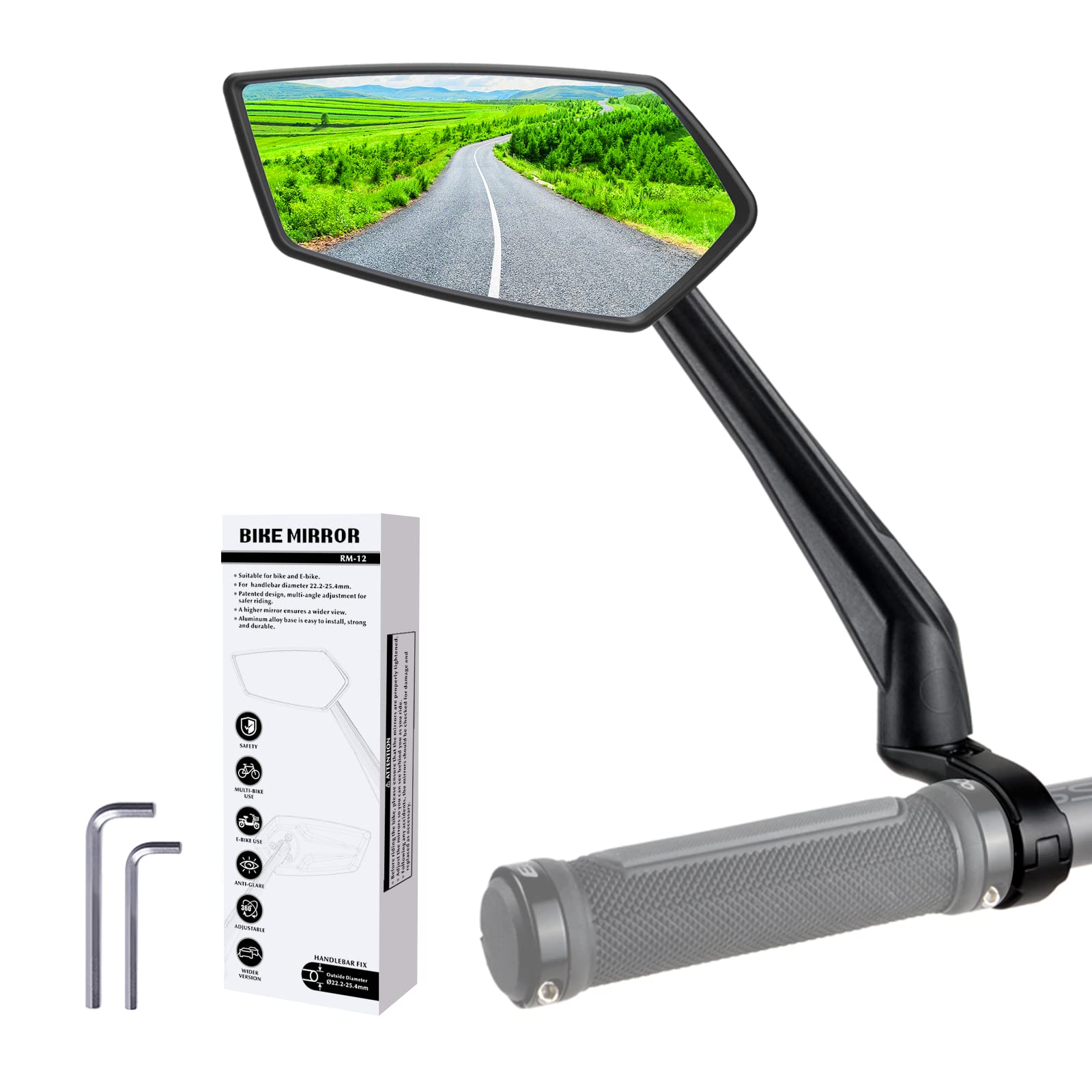 RBRL Rückspiegel für Fahrrad, HD, Kristall, klar, Spiegel aus Glas, großes Sichtfeld, stoßfest, widerstandsfähig, Rückspiegel, Elektroroller, kompatibel mit E-Bike, Roller, Mountainbike (links) von RBRL