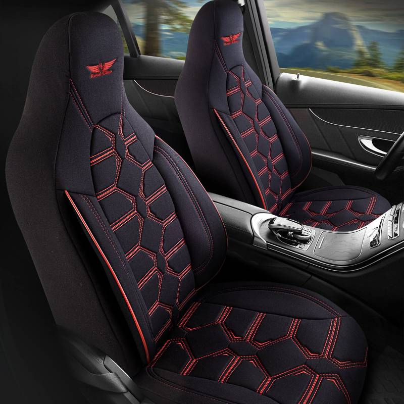 Auto Sitzbezüge für Pilot Vordersitze Fahrer und Beifahrer kompatibel für Ford Transit Connect in Schwarz Rot Pilot 2.2 das Sitzbezugsset mit Sitzschoner Airbag Auto Zubehör Innenraum von RC Royal Class