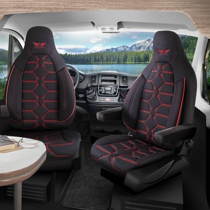 Auto Sitzbezüge für Pilot Vordersitze Fahrer und Beifahrer kompatibel für ISRI Sitz Campingbus Wohnmobil Caravan Camper in Schwarz Rot Pilot 2.2 das Sitzbezugsset mit Sitzschoner Airbag von RC Royal Class