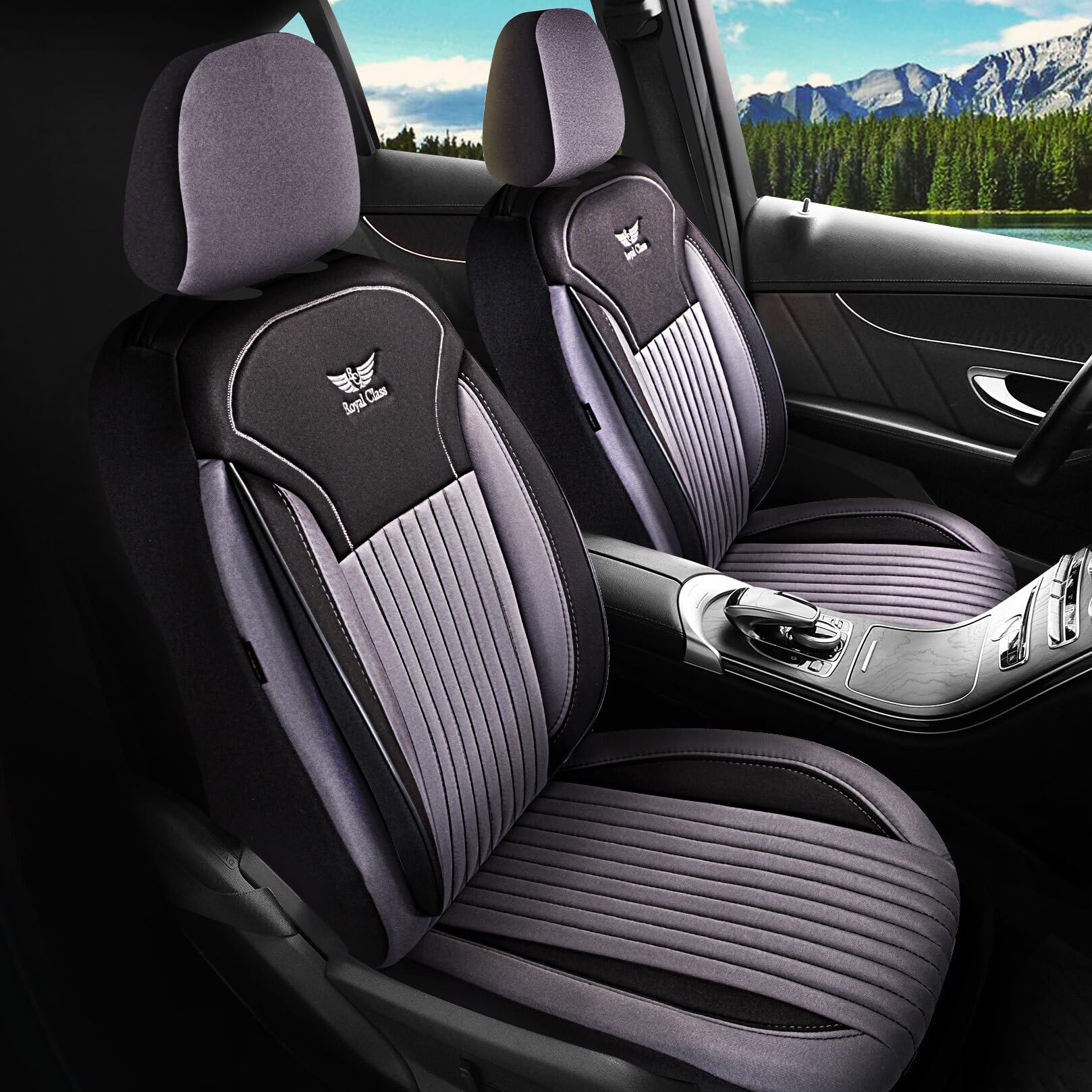 Royal Class Auto Sitzbezüge kompatibel für Mazda CX-3 in Schwarz Grau Fahrer und Beifahrer, Autositzbezug Schonbezug Sitzbezug Auto Komplettset 2-Sitze Jakar Stoff von RC Royal Class
