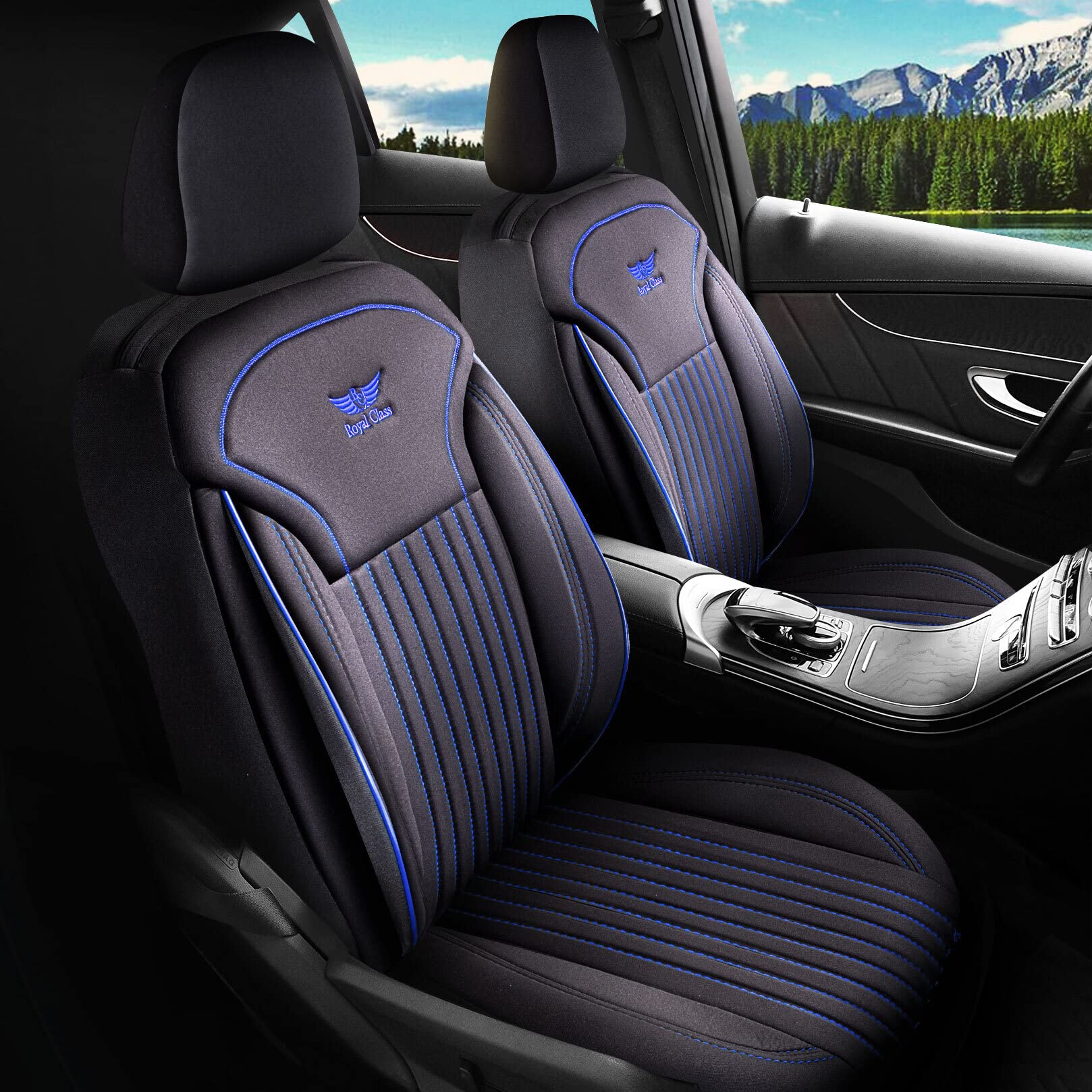 Royal Class Auto Sitzbezüge kompatibel für VW Crafter in Schwarz Blau Fahrer und Beifahrer, Autositzbezug Schonbezug Sitzbezug Auto Komplettset 2-Sitze von RC Royal Class