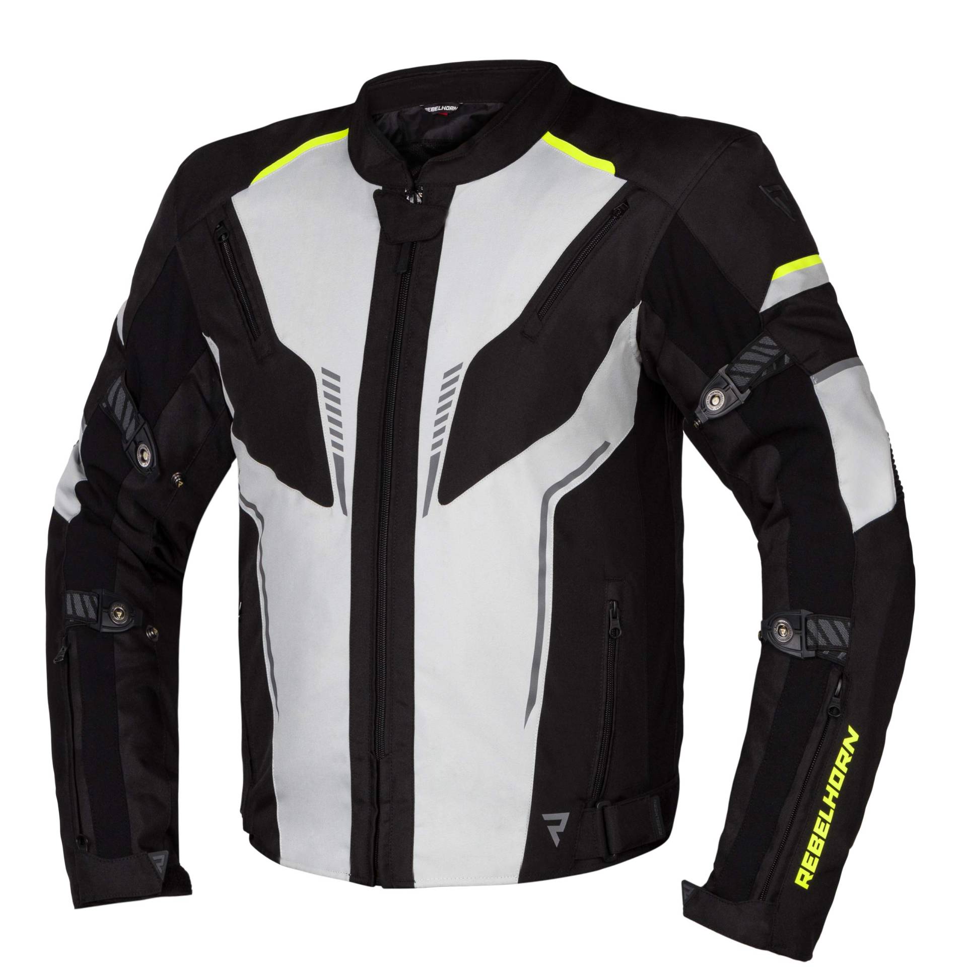 Rebelhorn Blast Chaqueta textil para motocicleta Malla de poliéster Membrana transpirable impermeable CE-NIVEL 2 Protectores de codo y hombro Elementos reflectantes Neopreno, gris / negro / amarillo fluo, xl, RH-TJ-BLAST_26_XL von REBELHORN