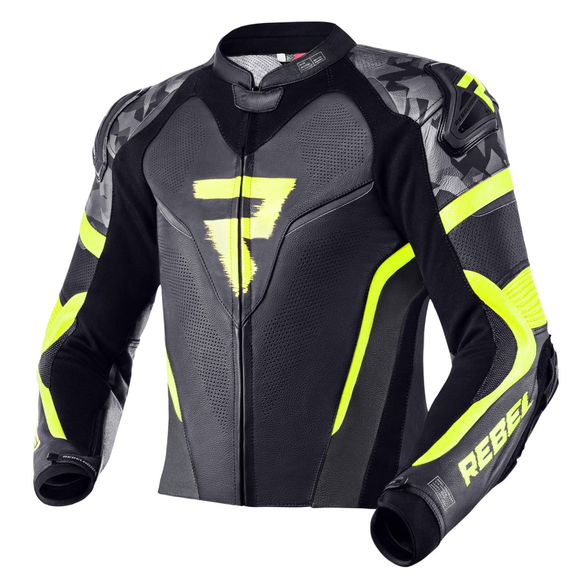 REBELHORN Rebel Motorradjacke Rindsleder Ellbogen Schultern und Rückenschutz Belüftungsschieber an Ellbogen und Schultern 4 Taschen Reflektierende Elemente Schwarz/Fluo Gelb 52 von REBELHORN