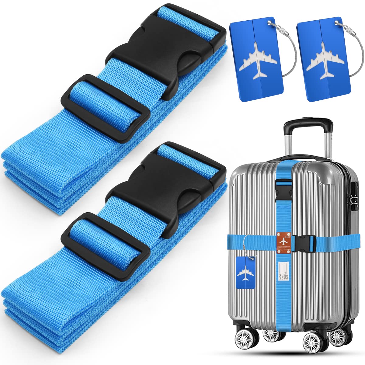 REETEE Koffergurt Kofferband 2-Stück Gepäckgurt Einstellbare koffergurte, Kofferband Gurt und 2 Stück Kofferanhänger (blau) von REETEE