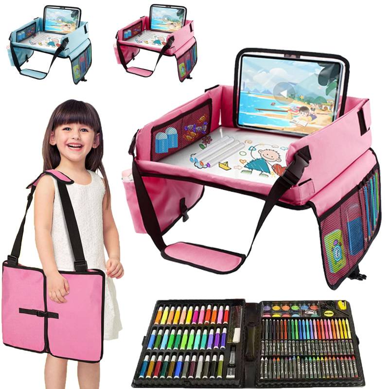 REGAPOG Reisetisch Kindersitz Faltbar 40x33cm- Reise Kindersitz Auto Tisch, Reisetisch Auto Kinder Mit Abwischbar Zeichnung Desktop, Mit Netzbeutel, Aufkleber (mit 150-teiligem Aquarellstifte-Set) von REGAPOG