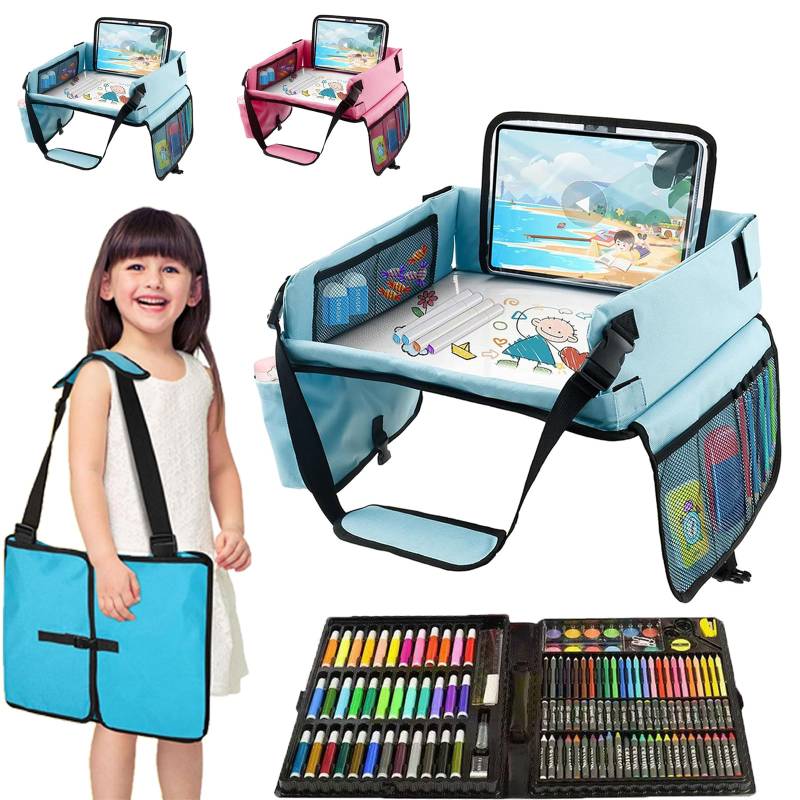 REGAPOG Reisetisch Kindersitz Faltbar 40x33cm- Reise Kindersitz Auto Tisch, Reisetisch Auto Kinder Mit Abwischbar Zeichnung Desktop, Mit Netzbeutel, Aufkleber (mit 150-teiligem Aquarellstifte-Set) von REGAPOG