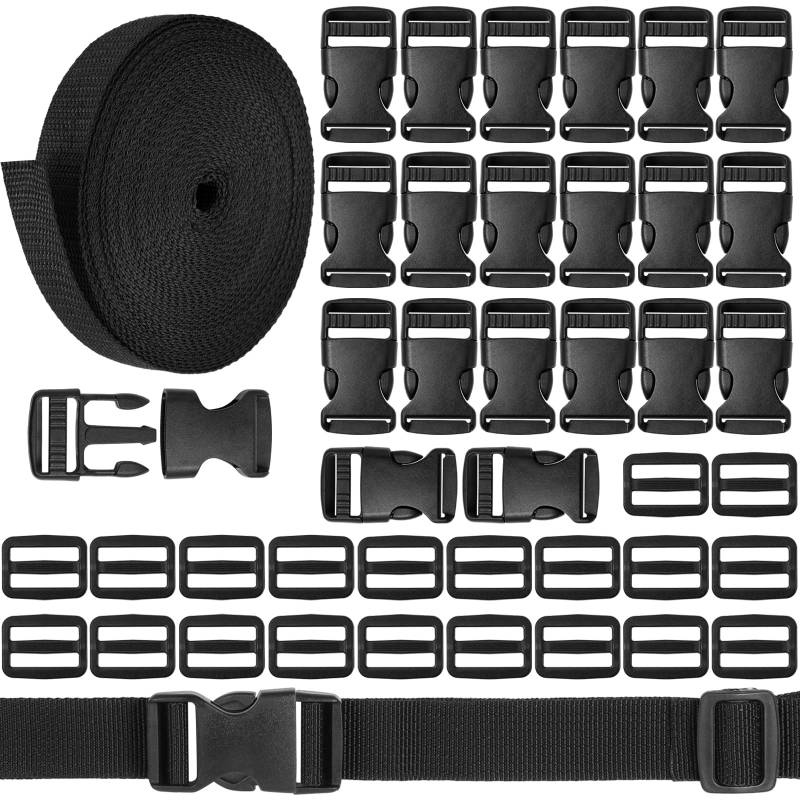 REJOECE Schnallen Gurtband Set 25mm, 15M Nylon Gurtband mit 20 Tri-Glide Slides Clip, 20 Flache Seite Release Schnallen, Einstellbare Kunststoffschnalle for DIY Craft Rucksack Tasche von REJOECE