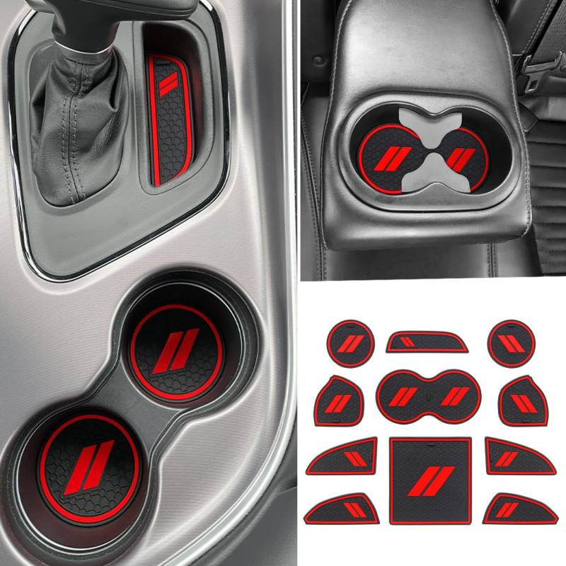 REMOCH für Dodge Challenger Accessories 2015-2022 Premium Custom Cup Holder Insert Interior Center Console Liner Interior Door Pocket Mat (11-teiliges Set, roter Rand) von REMOCH