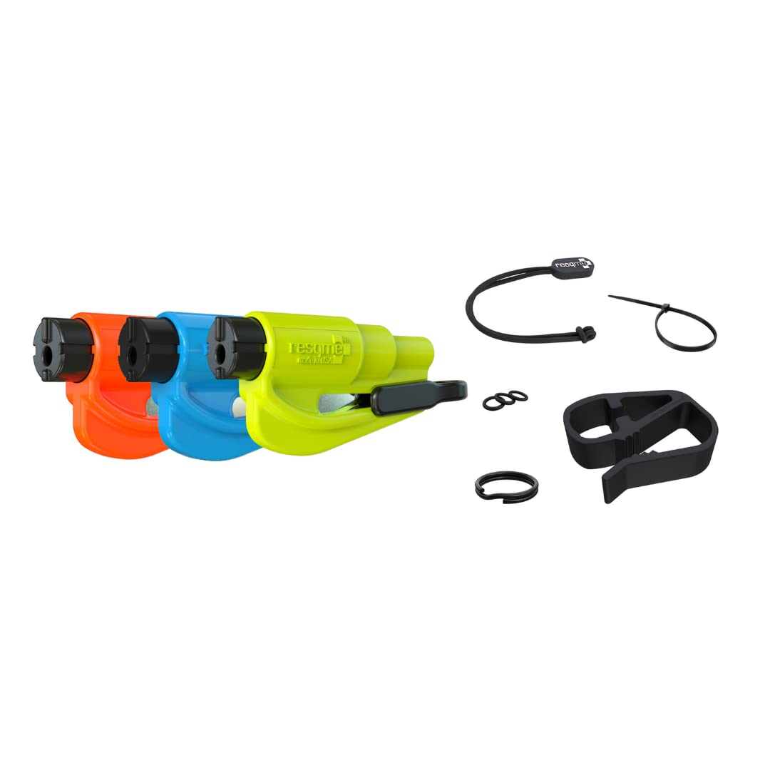 resqme Family 3er-Pack mit Zubehör, das Original-Notfall-Schlüsselanhänger-Auto-Fluchtwerkzeug, 2-in-1-Sicherheitsgurtschneider und Fensterbrecher, hergestellt in den USA, Blau, Orange, Gelb von resqme