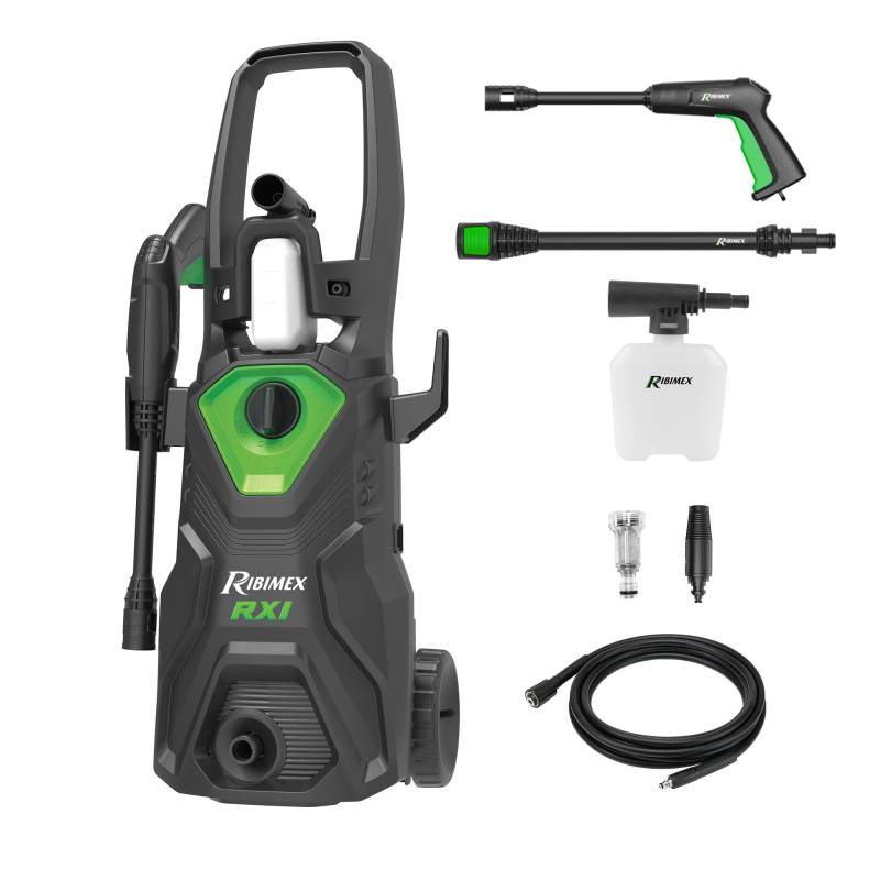 Ribimex Hochdruckreiniger RX1, 1400 W, 110 bar, 420 l/h, Verstellbarer Strahl, 350 ml Reinigungsbehälter, 5 m Schlauch, IPX5-Schutz, automatische Abschaltung, leicht und kompakt – PRNHP01 von RIBIMEX