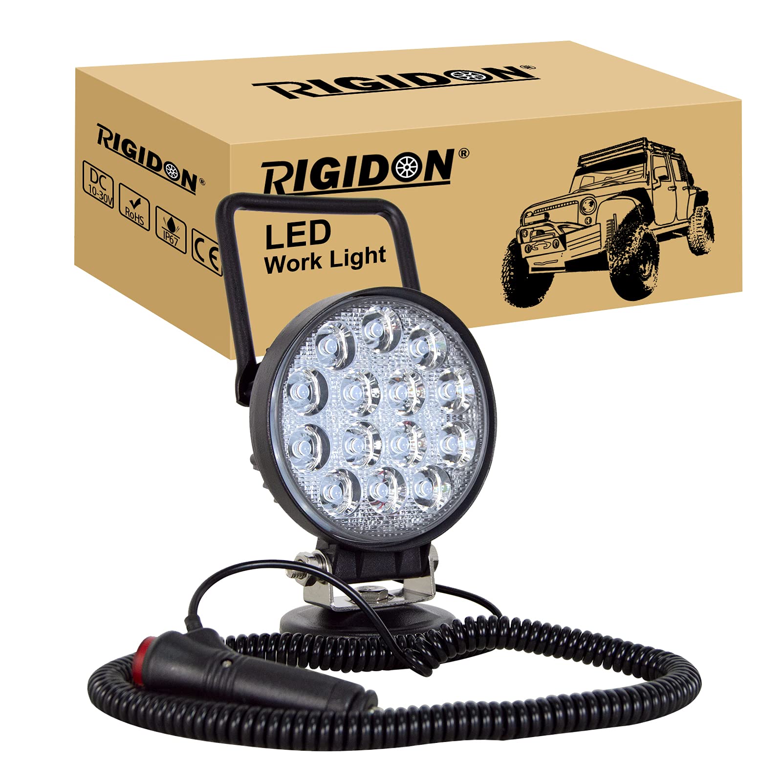 RIGIDON 1 Pcs Led arbeitsscheinwerfer mit magnetfuß, 12V 24V 4 Zoll 10cm 42W led flutstrahler, offroad beleuchtung für Auto SUV ATV, Traktor, LKW, 4x4, Boot,6000K led suchscheinwerfer, arbeitslicht von RIGIDON