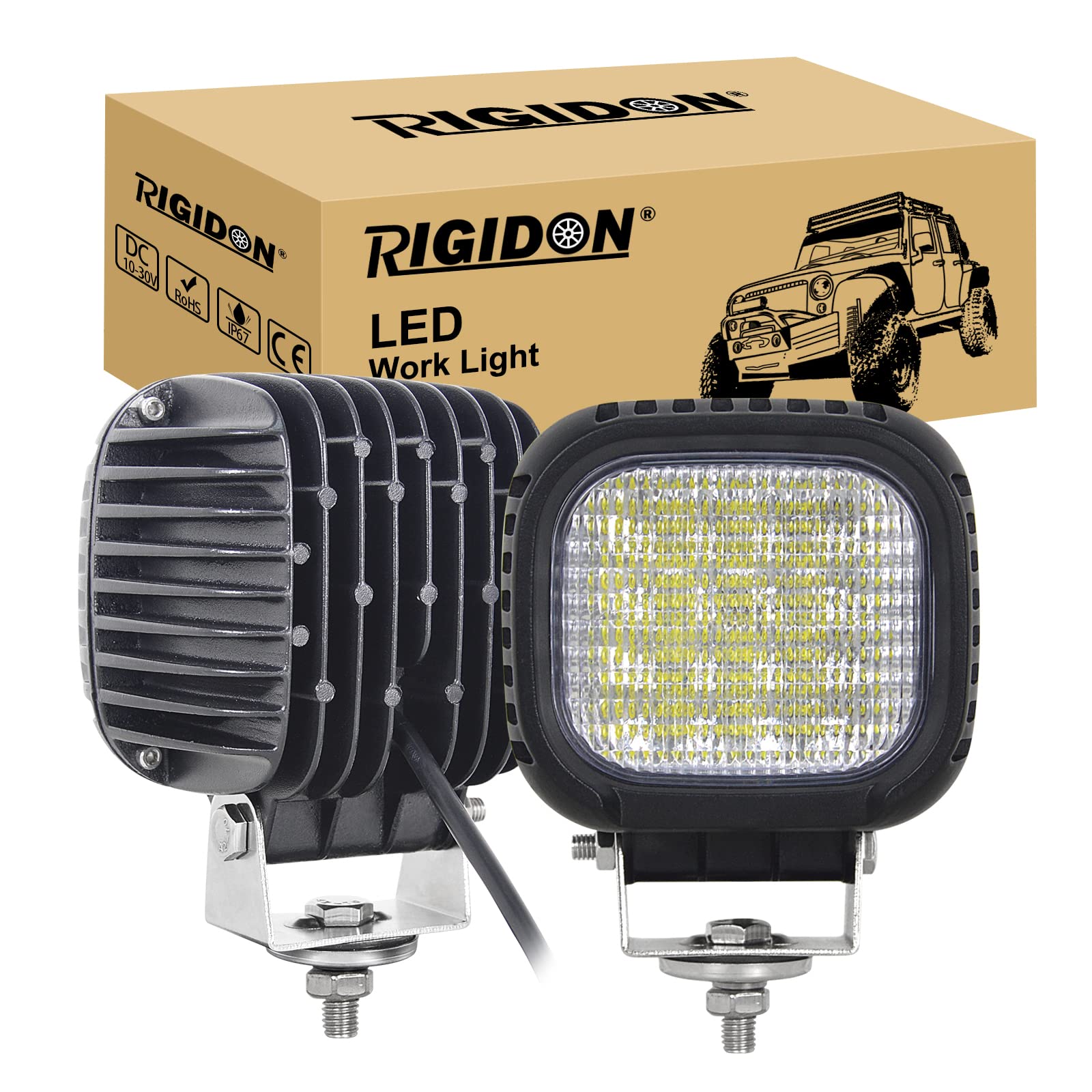 RIGIDON 1 Stück led arbeitsscheinwerfer 48w, 5 zoll 4800 lumens led flutlichtstrahler 12v 24v, weiß außen wasserdicht floodlight, led nebelscheinwerfer für Auto Offroad ATV, Traktor, LKW, 4x4 von RIGIDON