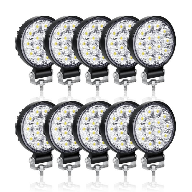 RIGIDON 10 Pcs LED Arbeitsscheinwerfer, 3.2 Zoll 42W Rund LED Scheinwerfer 12V 24V Mini Rückfahrscheinwerfer Auto Offroad Beleuchtung für SUV ATV Traktor LKW 4x4, 6000K Nebelscheinwerfer von RIGIDON