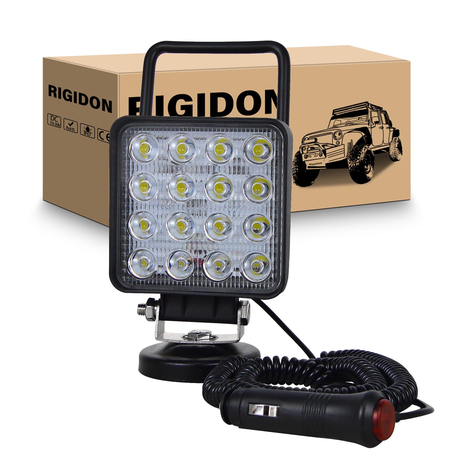 RIGIDON 10.2 cm 48 W LED-Arbeitsleuchte mit Magnetsockel, quadratisch, wasserdicht, Flutlicht, 12 V 24 V, Offroad-Beleuchtung, Arbeitsleuchte für Auto, SUV, ATV, Traktor, Boot, 4x4, Camping (48 W-F) von RIGIDON
