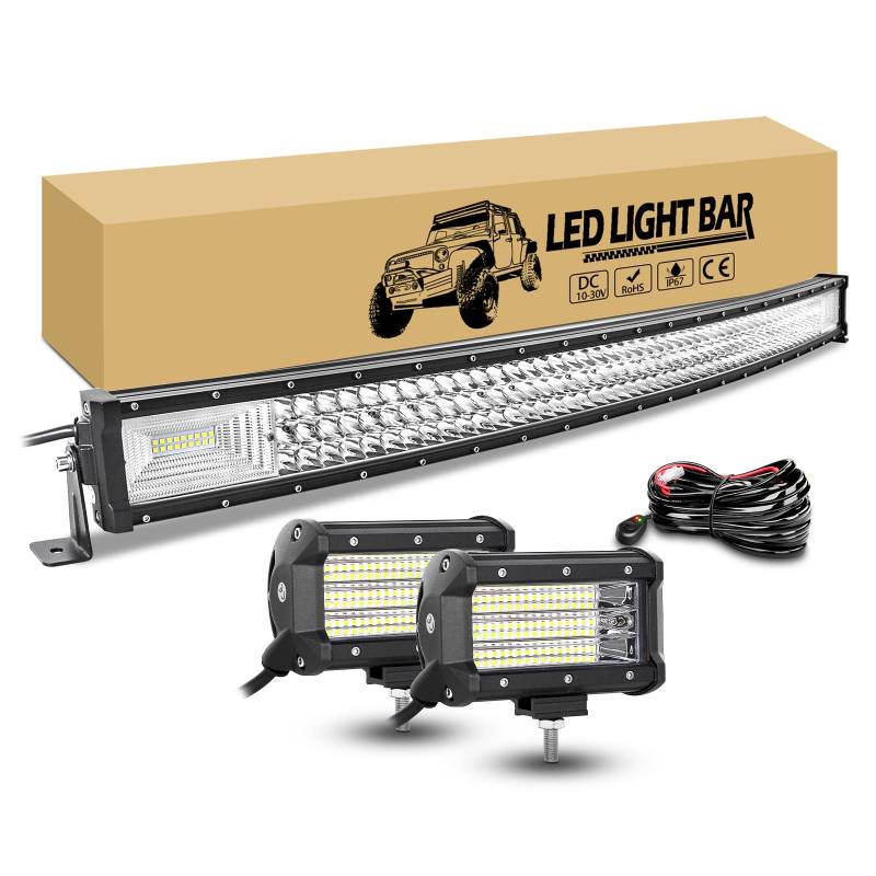 RIGIDON 107cm 42 Zoll 540W gebogen led lampe mit 12v kabelbaum kit, 2 x 13cm 135W led flutstrahler offroad beleuchtung, wasserdicht arbeitslichtleiste lightbar für auto kfz pkw lkw 4x4 fahrzeuge von RIGIDON