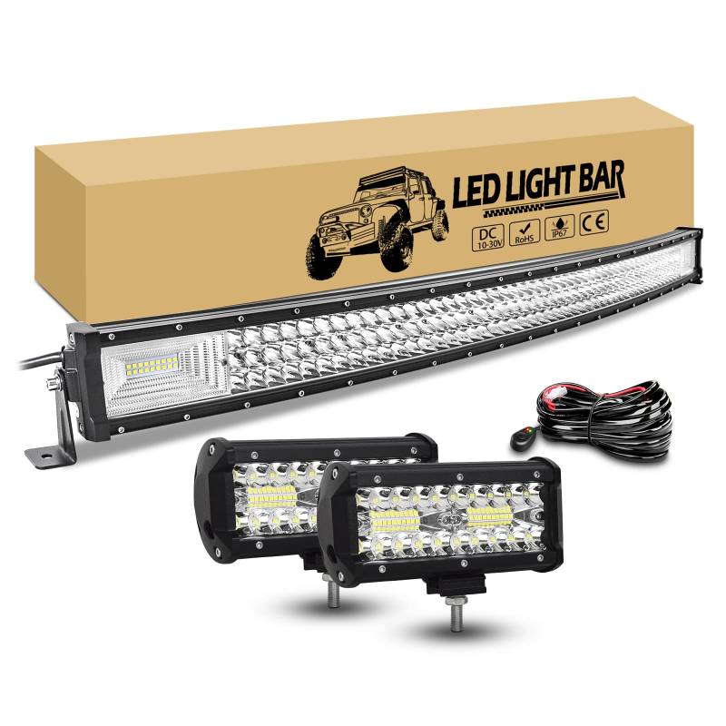 RIGIDON 107cm 540W gebogen led lichtbalken, 2 x 18cm 120W led offroad zusatzscheinwerfer und 12v kabelbaum kit, wasserdicht led arbeitsscheinwerfer bar für auto kfz pkw lkw 4x4 fahrzeuge von RIGIDON