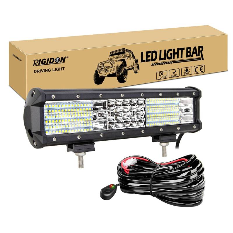 RIGIDON 12 Zoll 30cm 330W Led lichtleiste kfz mit 12V kabelbaum kit, Viererreihe spot flood combo offroad beleuchtung für SUV ATV, Traktor, LKW, Fahrzeuge, 6000K led nebelscheinwerfer scheinwerfer von RIGIDON