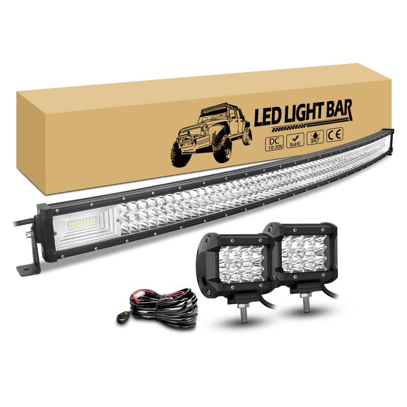 RIGIDON 127cm 648W Gebogener LED Arbeitsscheinwerfer Bar Mit 12V Kabelbaum Kit, 2 x 10cm 36W Offroad Spot Strahler, Lichtleiste für Auto LKW Traktor 4x4 Fahrzeuge Zusatzscheinwerfer von RIGIDON