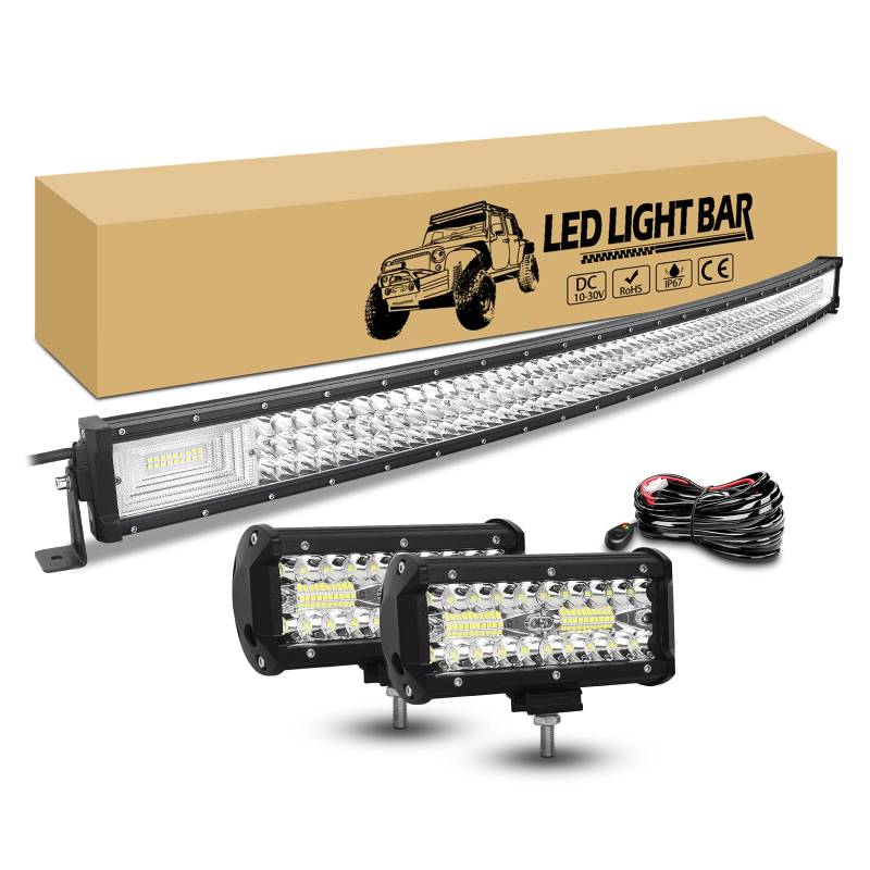 RIGIDON 127cm 648W gebogen led lichtbalken, 2 x 18cm 120W led offroad zusatzscheinwerfer und 12v kabelbaum kit, wasserdicht led arbeitsscheinwerfer bar für auto kfz pkw lkw 4x4 fahrzeuge von RIGIDON