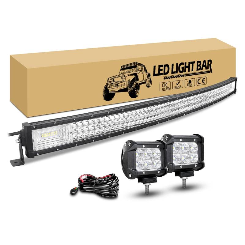 RIGIDON 127cm 648W LED Lichtleiste Gebogen Mit 12V Kabelbaum Kit, 2 Stück 10cm 18W Offroad Flutstrahler Wasserdicht für Auto LKW KFZ Traktor 4x4 Fahrzeuge, 6000K Weiß Nebelscheinwerfer von RIGIDON