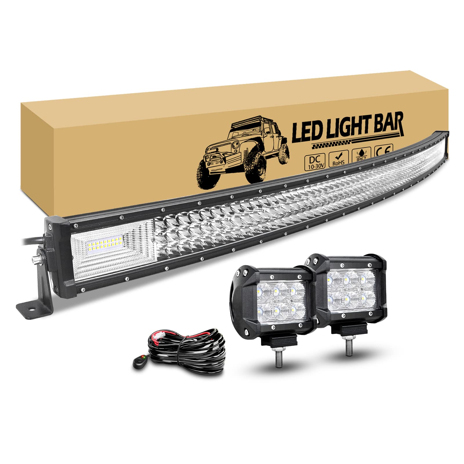 RIGIDON 132cm 675W led lichtleiste gebogen mit 12v kabelbaum kit, 2 pcs 10cm 18W led Offroad flutstrahler wasserdicht Lampe für Auto LKW kfz Traktor 4x4 Fahrzeuge 6000k weiß led nebelscheinwerfer von RIGIDON