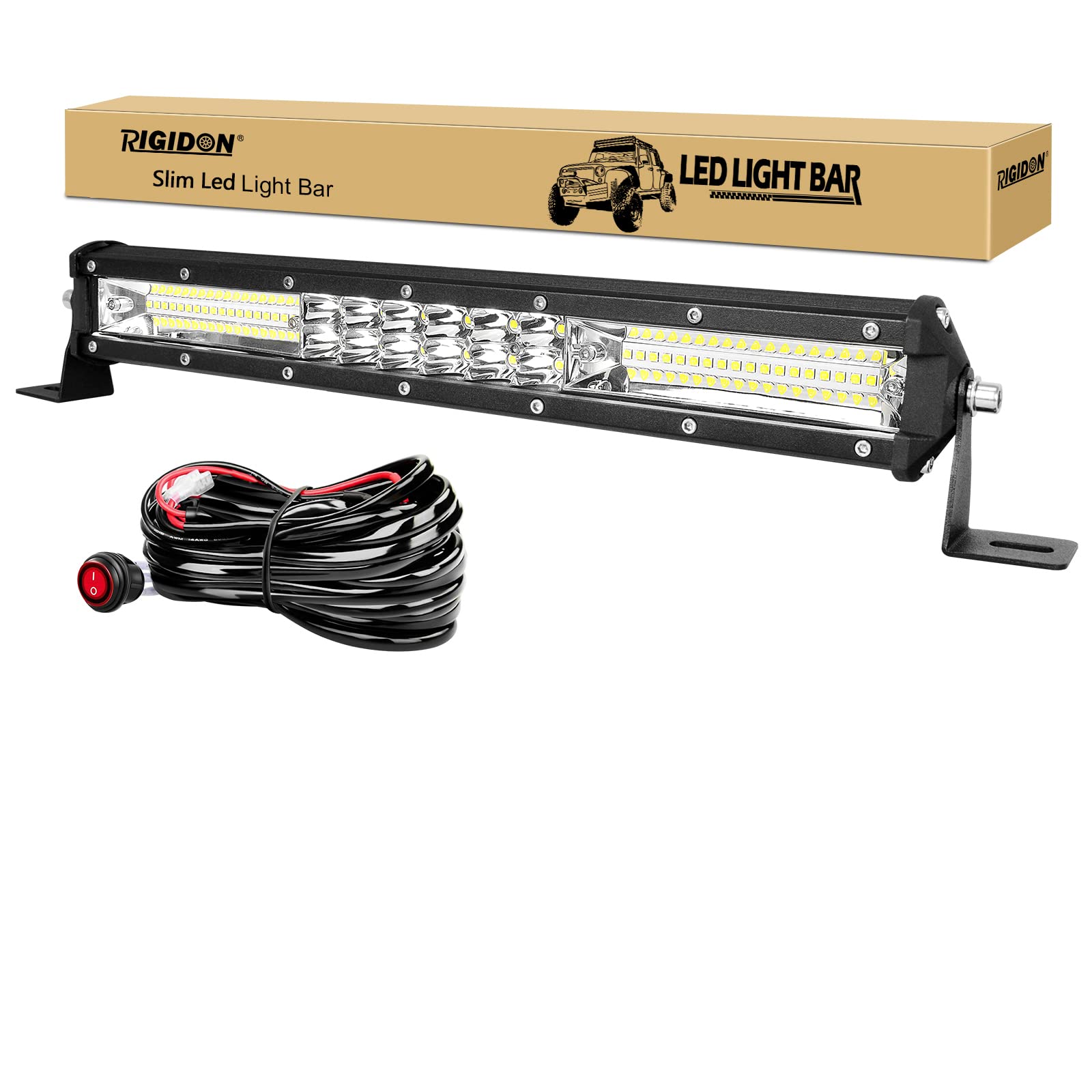 RIGIDON 15 Zoll 38 cm 144W außen alu led lichtleiste mit 12V kabelbaum kit, Wasserdicht offroad beleuchtung für Auto ATV SUV LKW Traktor Fahrzeuge 4x4, Led nebelscheinwerfer 6000K, Flood Spot Combo von RIGIDON