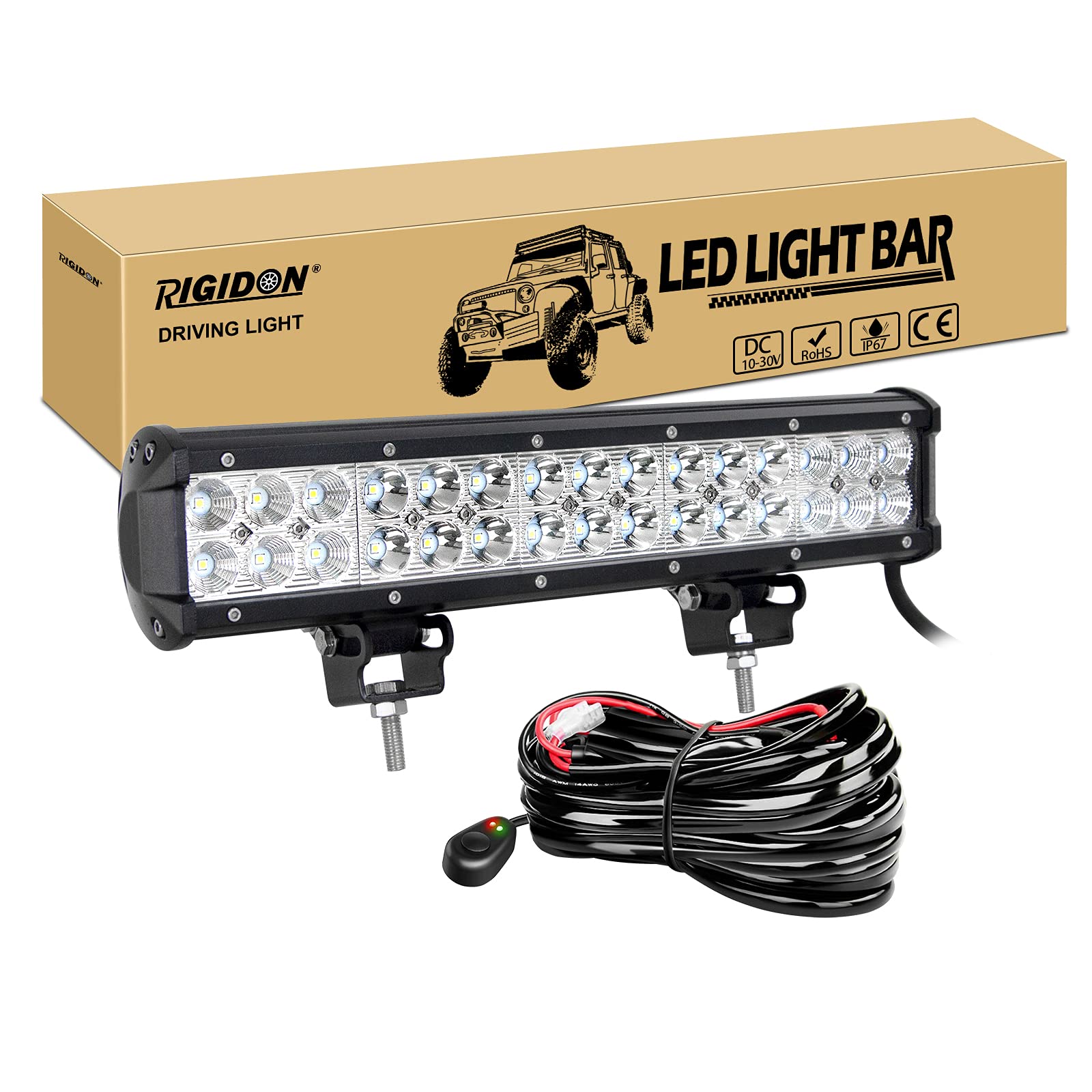 RIGIDON 15 zoll 38 cm 90W Led Lichtbalken mit kabelbaum 12V, Spot Flut-Combo-Strahl Arbeitsscheinwerfer bar für SUV Offroad ATV Traktor LKW 4x4 Auto, 6000K led nebelscheinwerfer, led scheinwerfer von RIGIDON