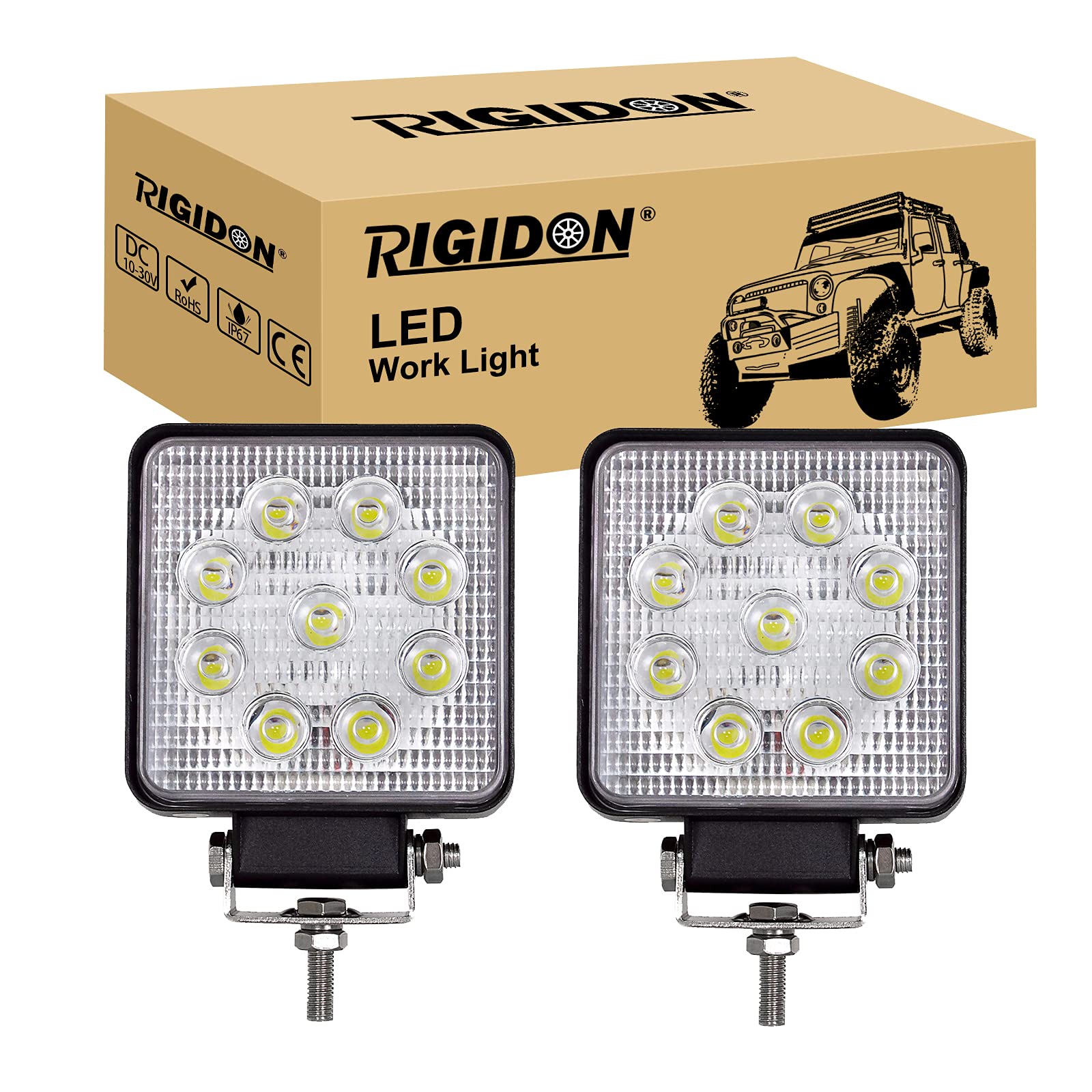 RIGIDON 2 Pcs Auto quad scheinwerfer, 4 Zoll 10cm 27W led flutstrahler, offroad beleuchtung für SUV ATV, Traktor, LKW, 4x4 6000K Weiß led nebelscheinwerfer, led arbeitslicht led arbeitsscheinwerfer von RIGIDON