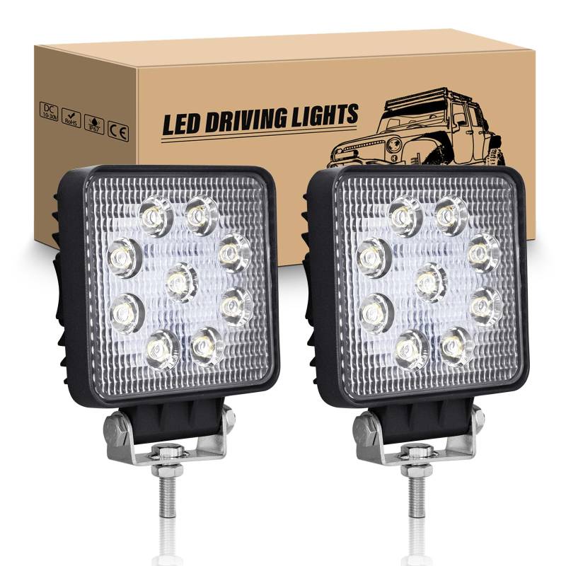 RIGIDON 2 Pcs LED Scheinwerfer 4" 10cm 27W LED Arbeitsscheinwerfer Quadrat 12V 24V Flutlicht Zusatzscheinwerfer Auto Wasserdicht für Offroad Traktor SUV ATV LKW 4x4, 6000K Weiß Rückfahrscheinwerfer von RIGIDON